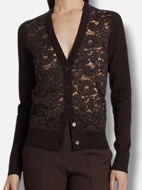 Michael Kors Collection Women's Brown Cashmere Lace V-Neck Cardigan Size L